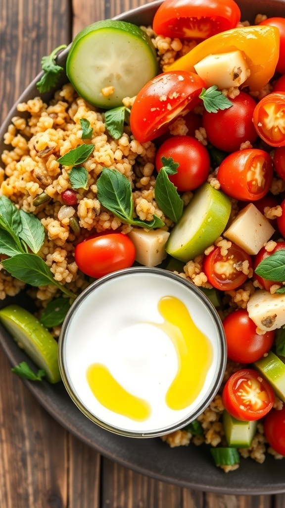Creamy Greek Yogurt Dressing for Quinoa A bowl of Greek yogurt dressing with herbs, next to a quinoa salad with vegetables.